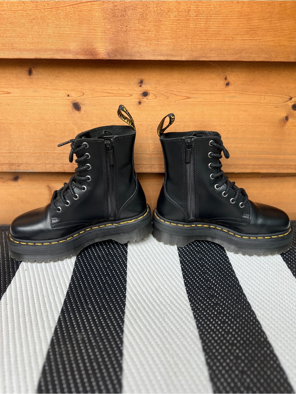 Dr. Martens Jadon Black Leather 8-Eye Lace-Up Boots with Yellow Stitching - Picture 2 of 7